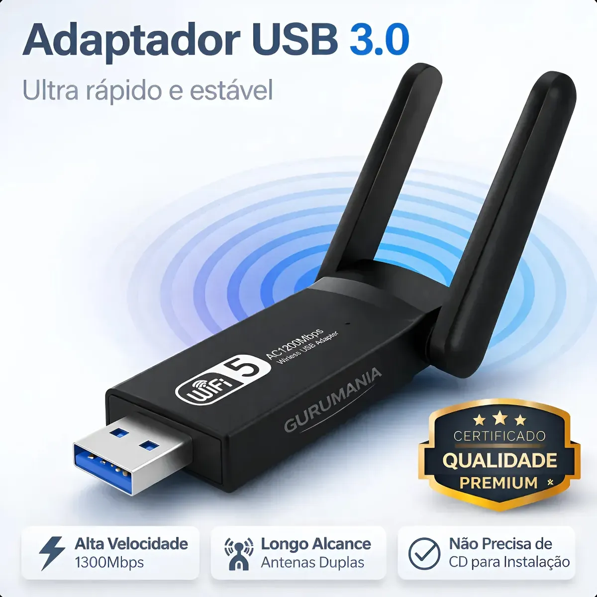 Adaptador Wifi Usb 3.0 Placa de Rede Dual Band 1300Mbps Gigabit 2 Antenas