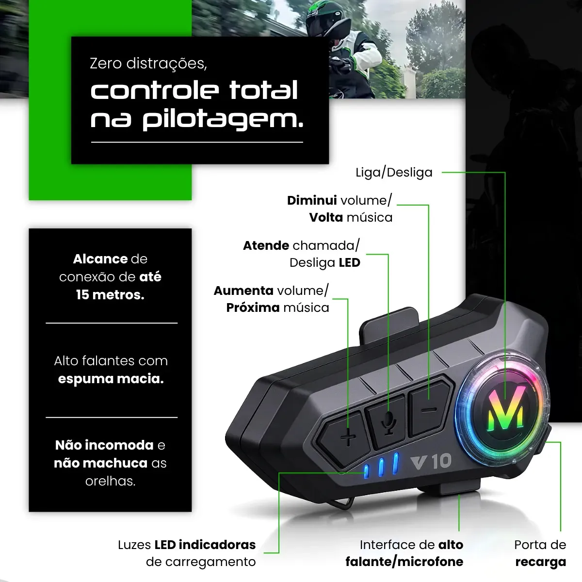  Fone de Ouvido para Capacete Moto Bluetooth Motoboy Headset Rgb Sem Fio Kateluo