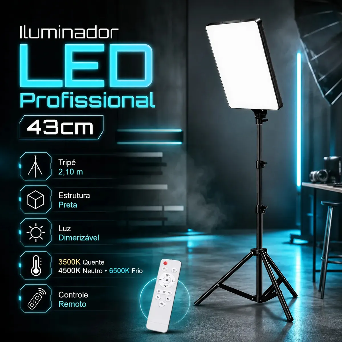  Iluminador LED Profissional Quadrado Lumi para Fotos e Vídeos, Com Tripé de até 2,10m. acompanha controle