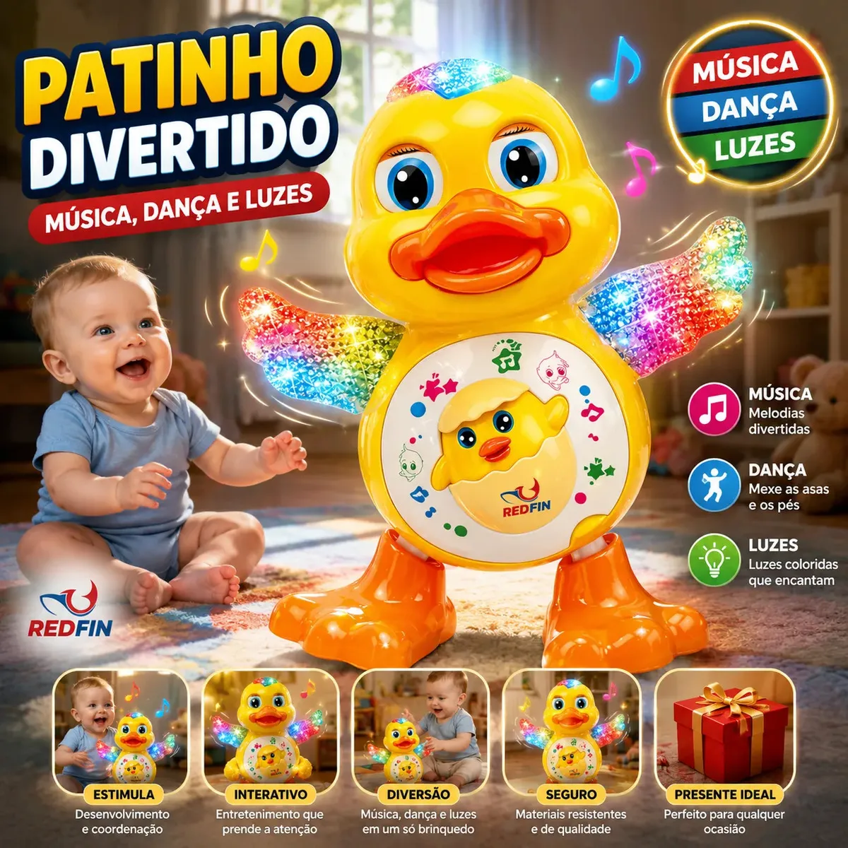 Patinho Musical Dançarino com Som e Luz para Crianças Redfin