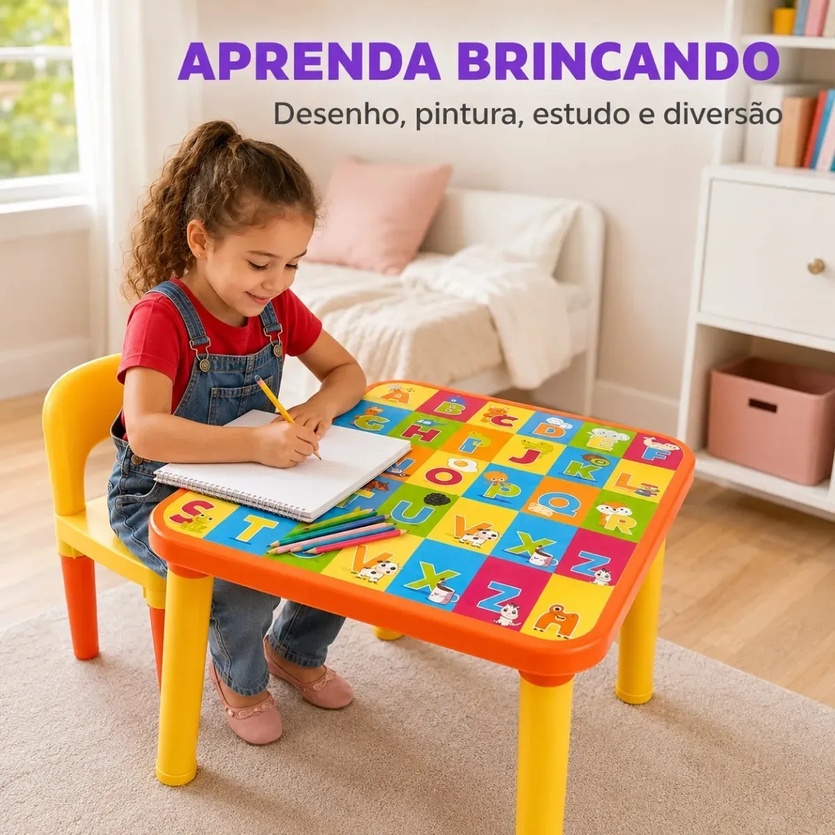 Mesinha Infantil Educativa Com Cadeira Alfabeto Letras Didática Pintura Desenho Refeição Atacarejo Kids