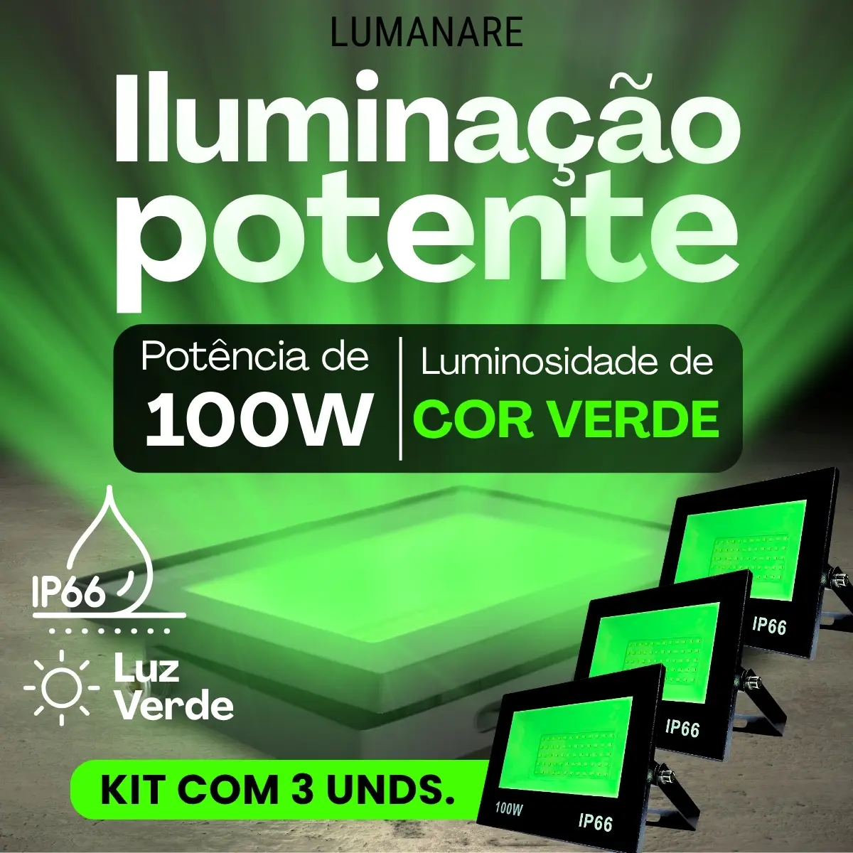 Kit com 3 Refletores Led Holofote 100w Luz Verde Resistente a Chuva Econômico Fácil De Instalar Carcaça Preta Ip66. Jardim, Fachada, Quintal
