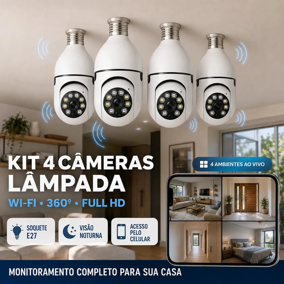 Kit com 4 Câmeras de Segurança Lâmpada Wi-Fi Full HD para Monitoramento 360°