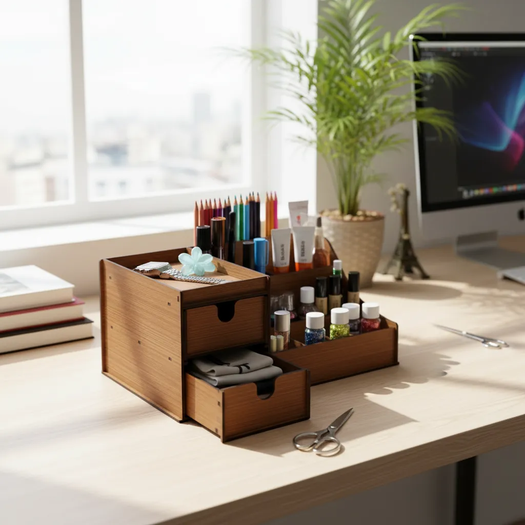 Organizador De Mesa Multiuso Mdf Escritório Maquiagem Gaveta
