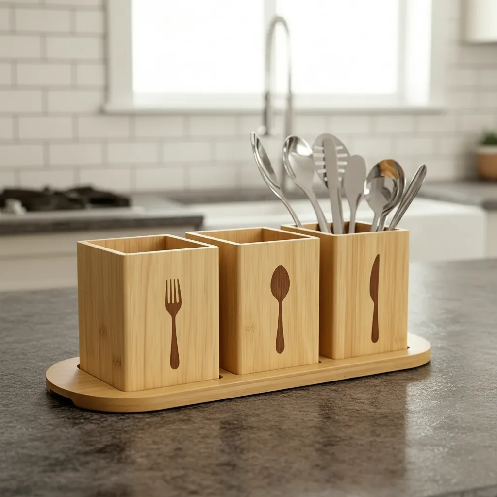 Porta Talheres Bambu Organizador Mesa Cozinha Com Base
