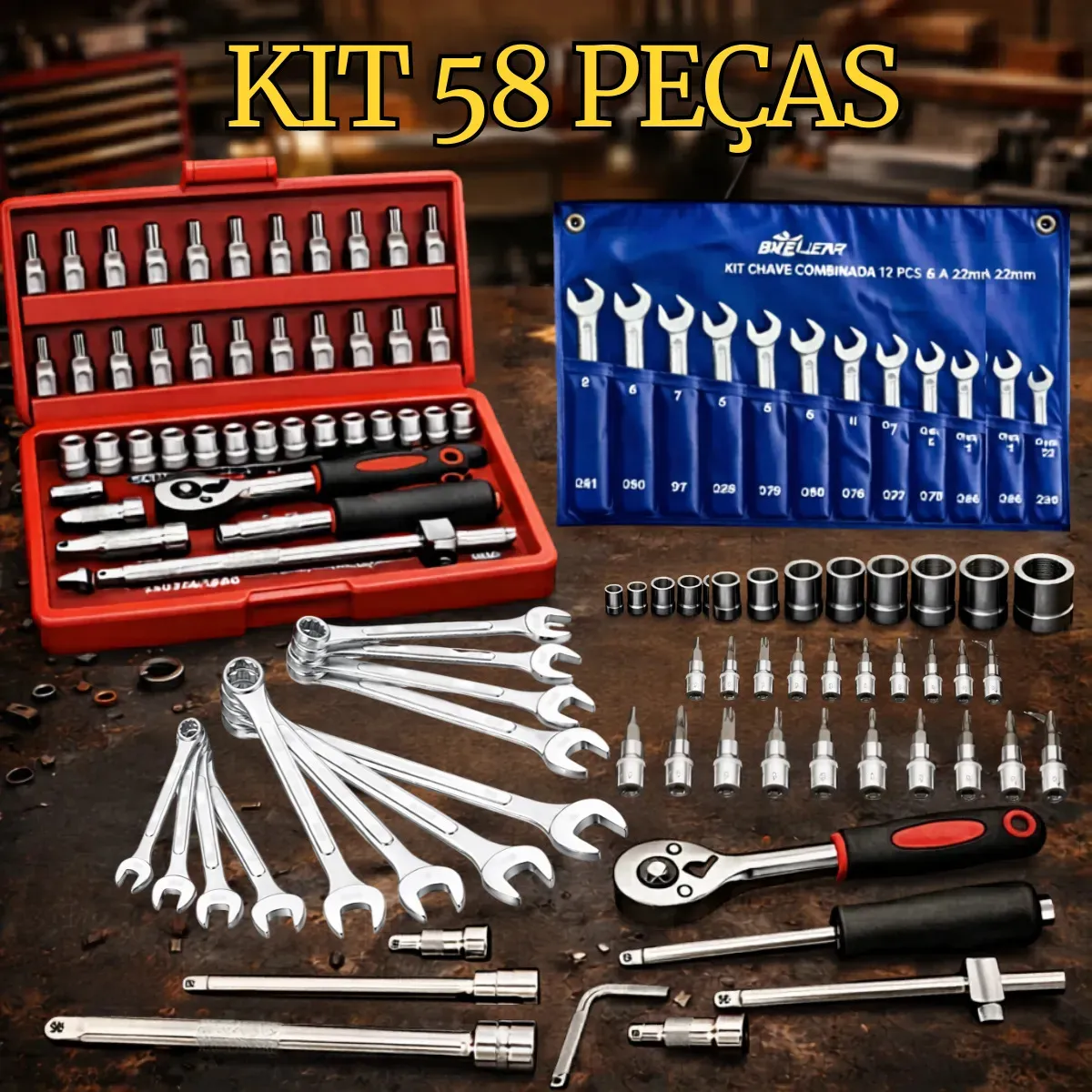 Kit de Ferramentas 58 Peças Completo. Profissional Soquete 46 Peças + Chave Combinadas
