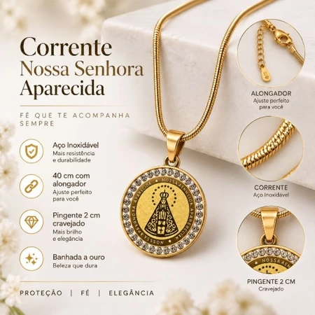 Linda Corrente Nossa Senhora Aparecida Banhada a Ouro Aço Inoxidável 40cm com Alongador Pingente Cravejado 2cm