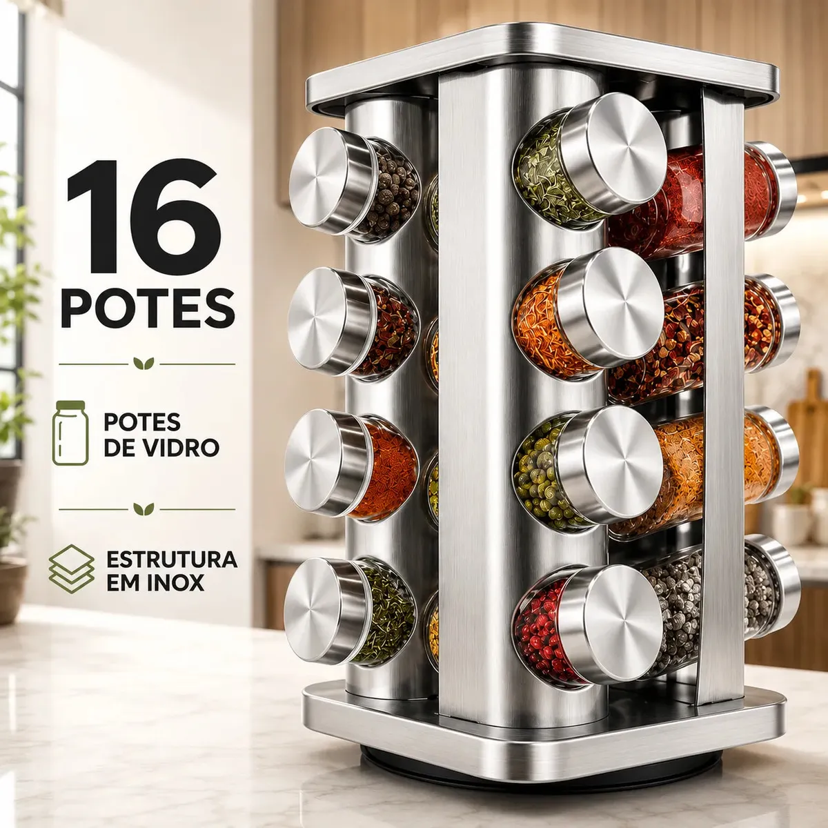 Porta Temperos Condimentos Inox Kit 16 Unidades Potes Vidro Base Giratório 360
