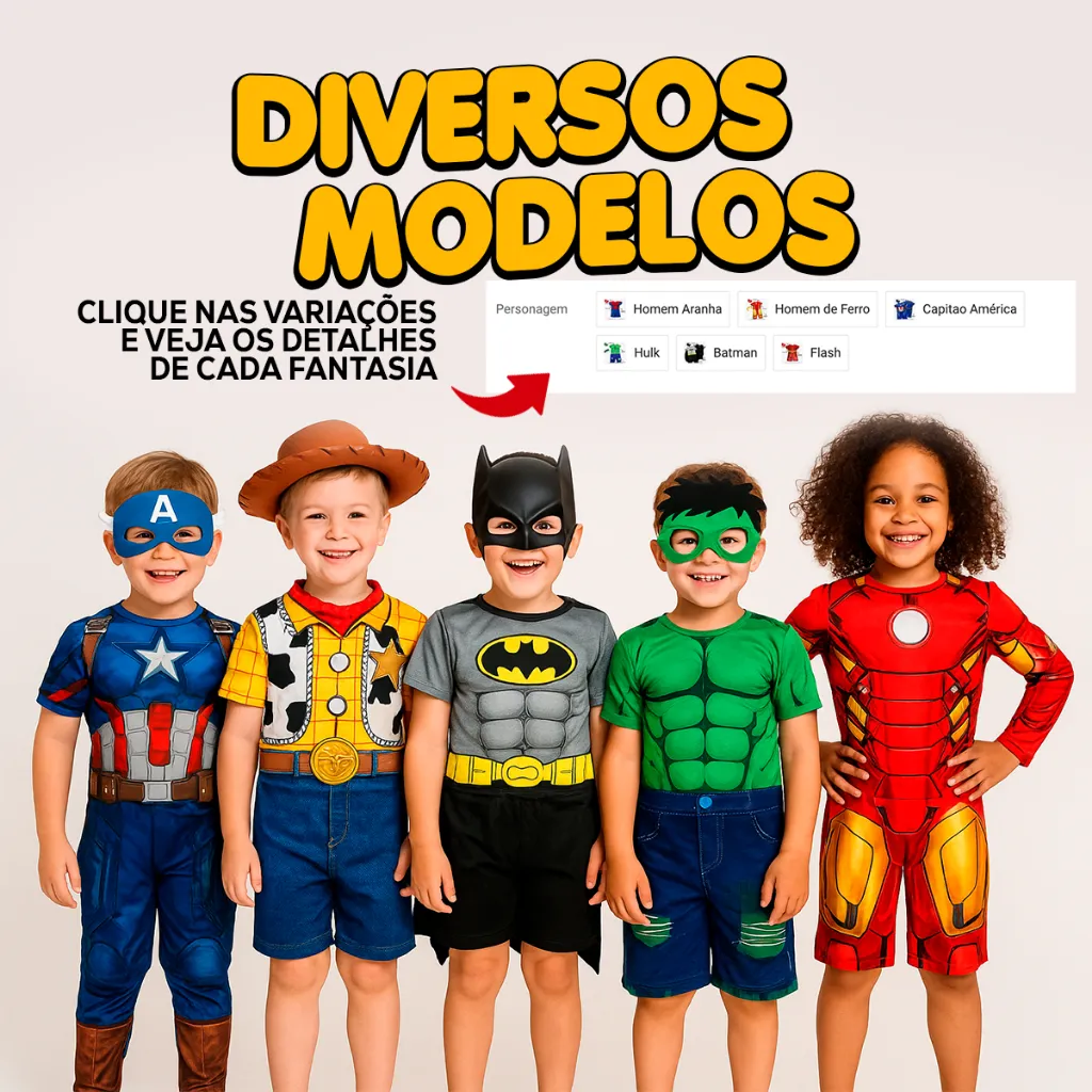 Fantasia Infantil Vários Personagens - Aranha, Ferro, Hulk