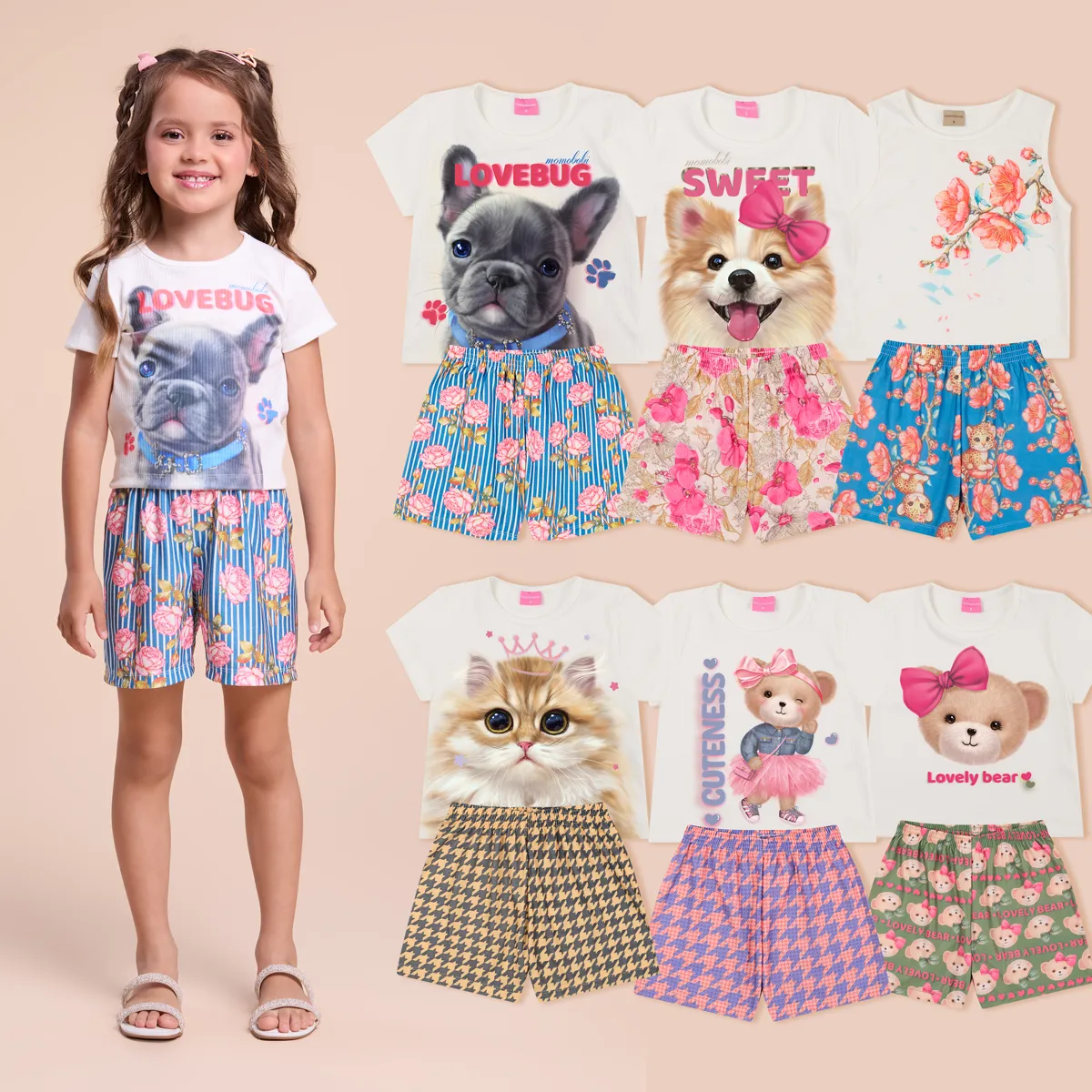 Kit Sortido 6 Peças Infantil Menina Verão 3 Blusas+3 Shorts